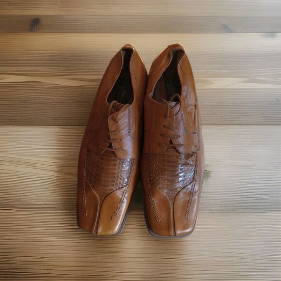 Giorgio Brutini Mens Derby Dress Shoes 9.5W Cognac Square Toe Genuine Snakeskin - Picture 1 of 12